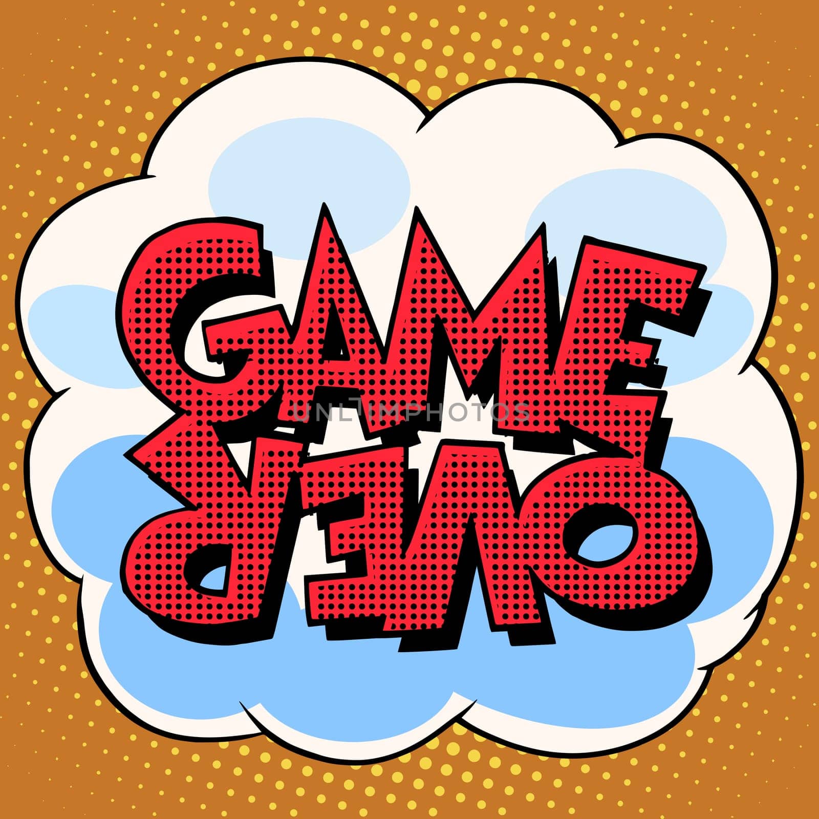 Game over comic bubble retro text pop art style. Cloud with inscription on halftone with the effect of the simulation of the raster. Element for the background