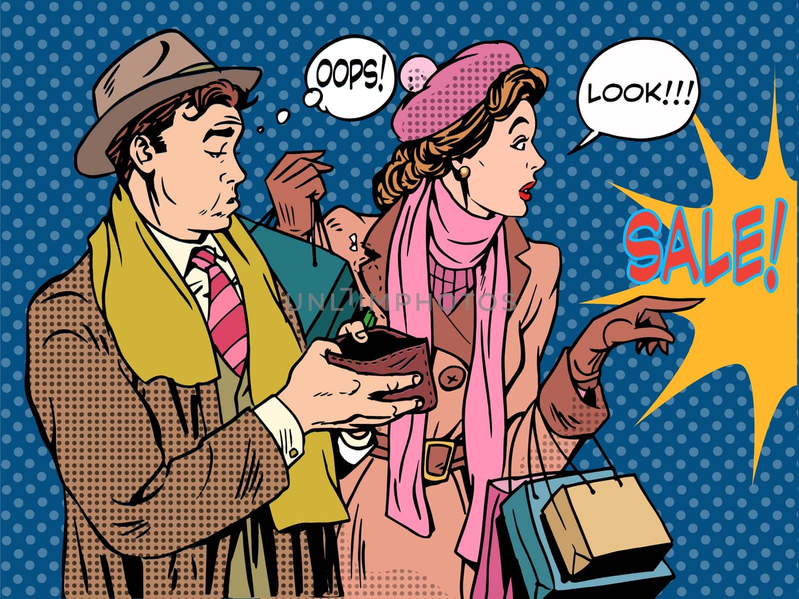 Husband and wife Christmas sales pop art retro style. The woman is a Shopaholic and a man without money in your wallet. Holiday spending finances.