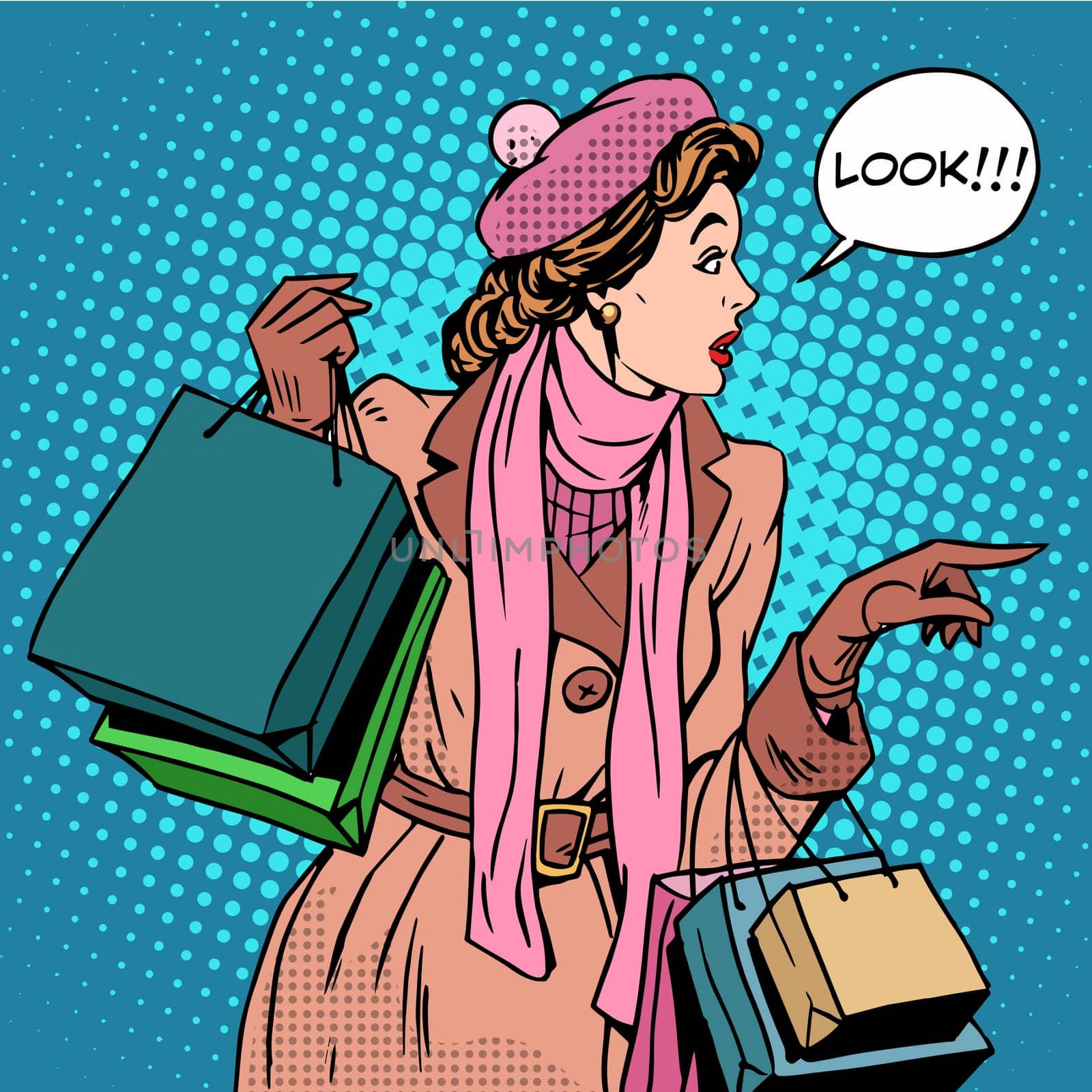 Woman shopping buy discounts look pop art retro style. Holiday sale stores and shopping malls. Girl Shopaholic. The interest in new products