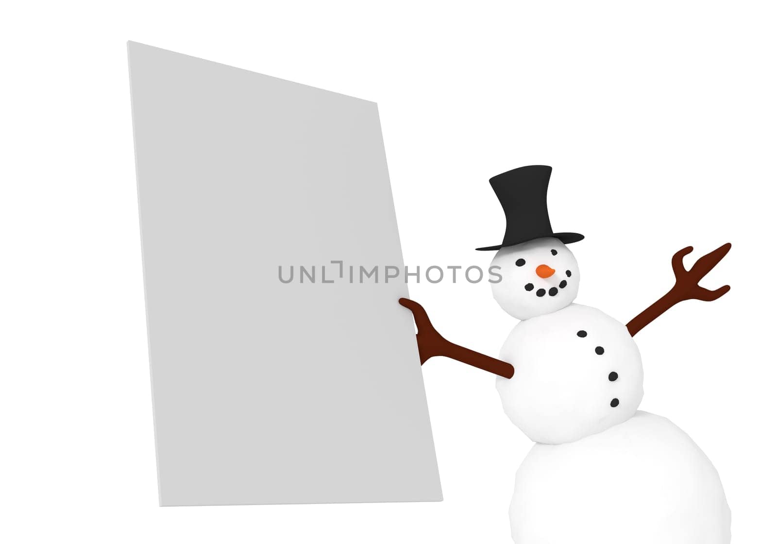 Funny snowman with blank sign on a white background