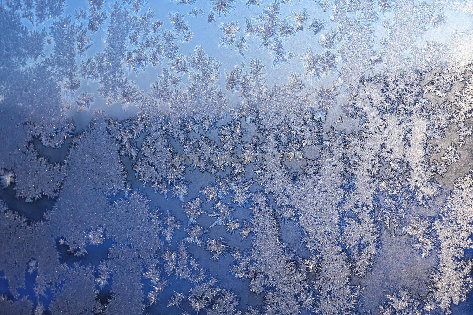 Ice snowflakes and frost pattern on Christmas winter frozen window. Colored in blue tone. Selective focus with blur edges of image