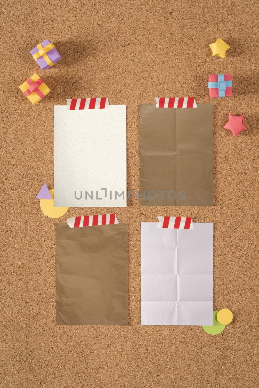 Paper texture notes template on cork notice board background with colorful cute handmade elements, including clipping path. Ideal for design mock up portfolio, school, office or stationery.