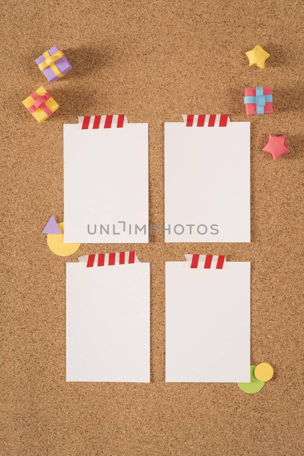 Empty blank notes template on cork notice board background with colorful cute handmade elements, including clipping path. Ideal for design mock up portfolio, school, office or stationery.