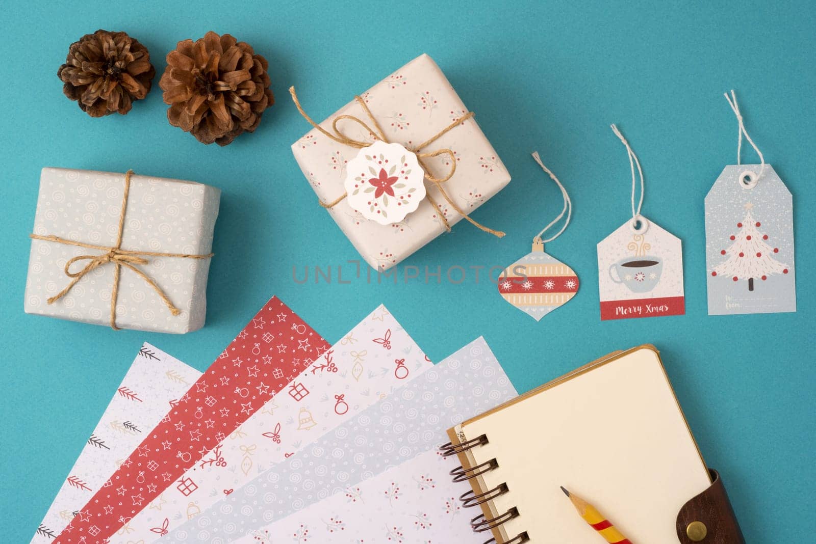 Merry Christmas season concept stationery mockup top view set template