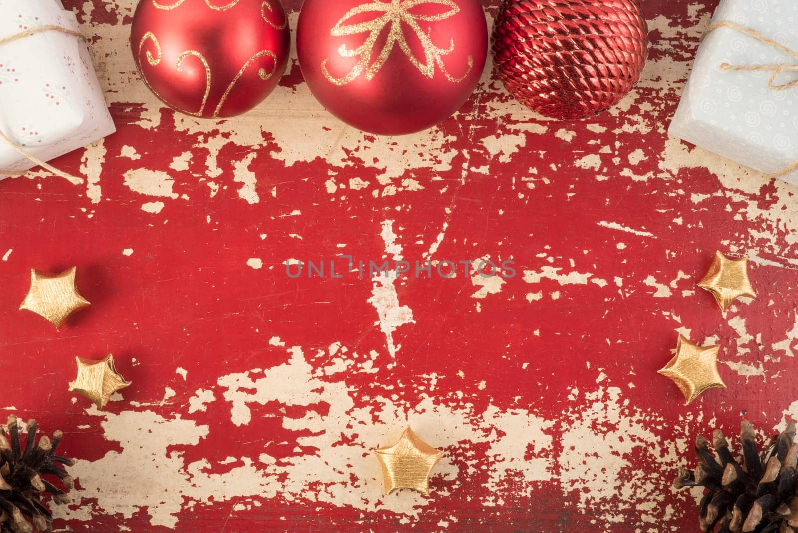 Christmas New Year concept greeting card top view template grunge texture background with vintage holiday decoration elements.