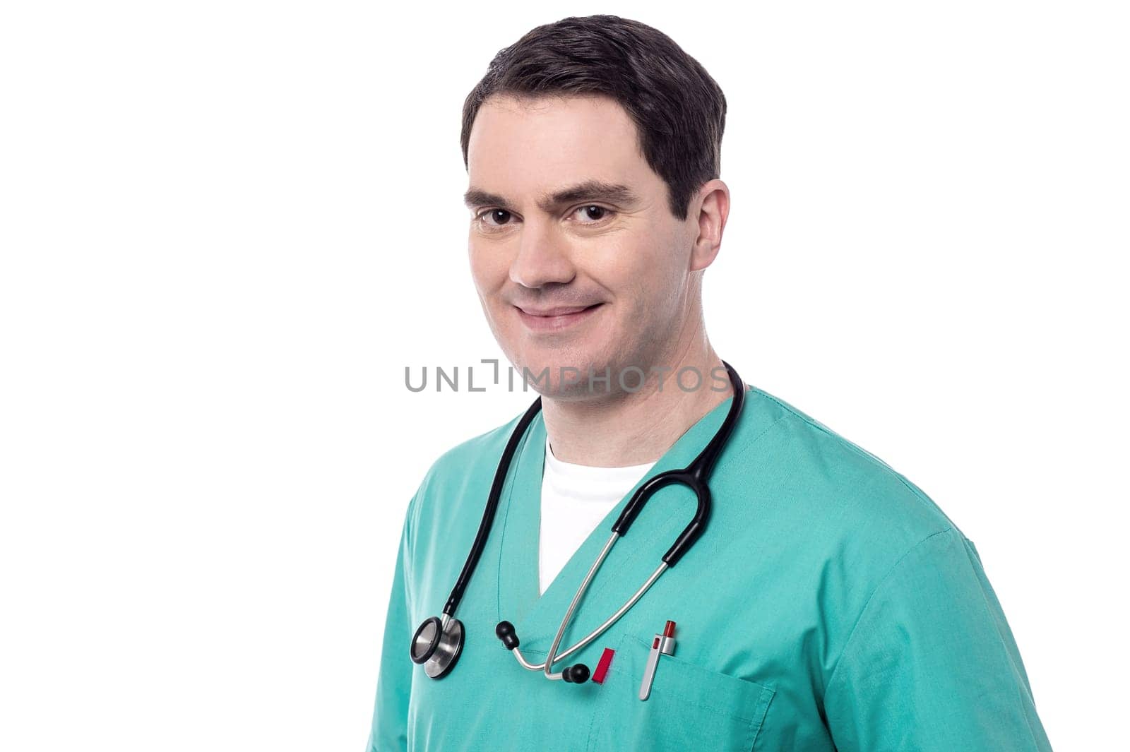 Happy male doctor posing to camera over white