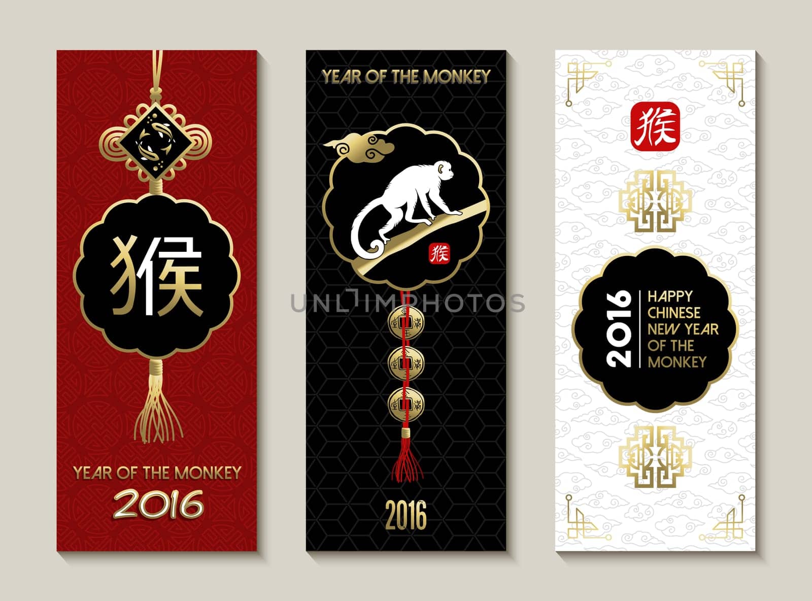 2016 Happy Chinese New Year of the Monkey, label badge element collection with traditional decoration, ape and calligraphy in gold red black colors. EPS10 vector.