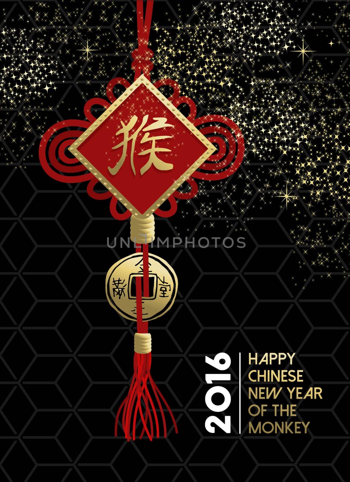 2016 Happy Chinese New Year of the Monkey, traditional gold and red decoration elements with calligraphy on black background. EPS10 vector.