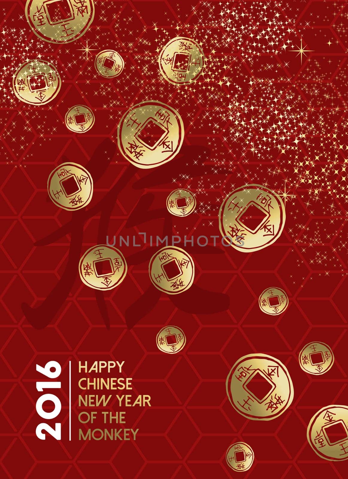 2016 Happy Chinese New Year of the Monkey, traditional symbols with calligraphy and stars in gold color over red pattern background. EPS10 vector.