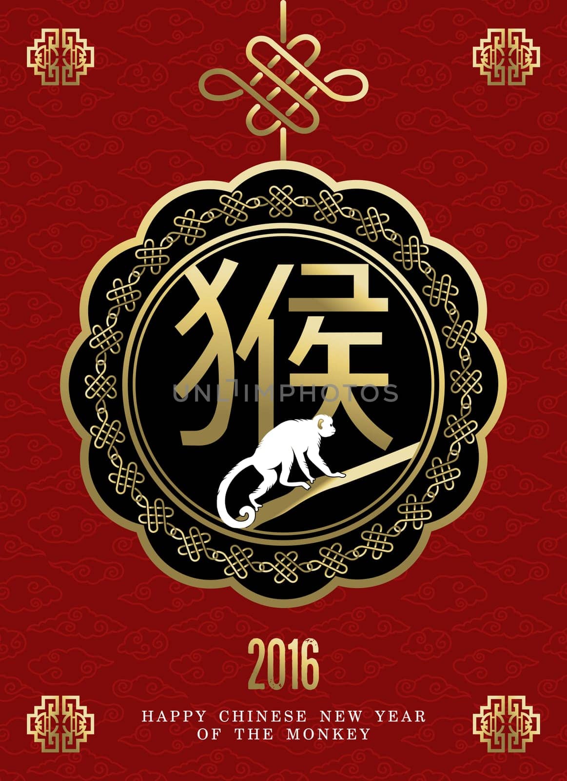 2016 Happy Chinese New Year of the Monkey, ape on branch badge design with traditional symbols, decoration and calligraphy. EPS10 vector.