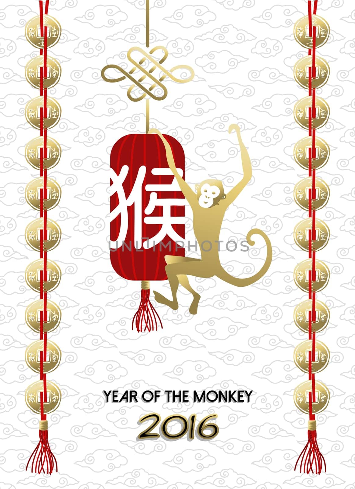 2016 Happy Chinese New Year of the Monkey, ape on traditional red lamp with gold and white decoration background. EPS10 vector.