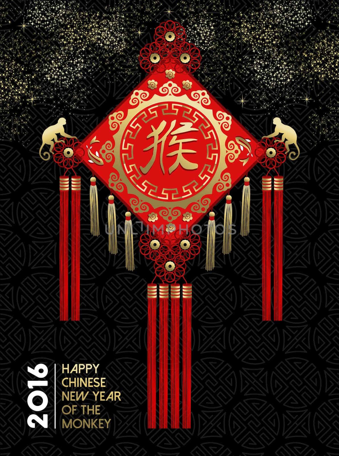 2016 Happy Chinese New Year of the Monkey, traditional asian culture red decoration element with gold sparkles and ape silhouettes. EPS10 vector.