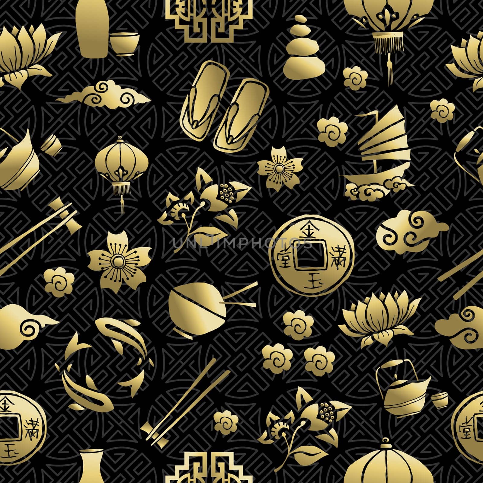Gold chinese cultural icons seamless pattern, traditional asian elements on black background. EPS10 vector.