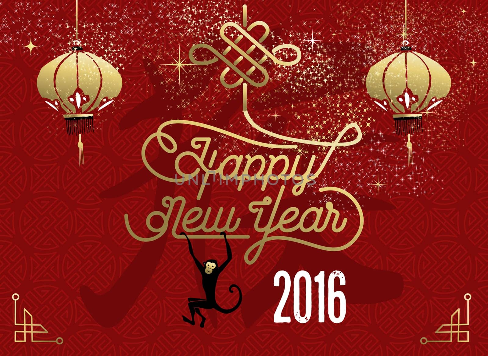 2016 Happy Chinese New Year of the Monkey, oriental gold decoration elements and ape on traditional red background. EPS10 vector.