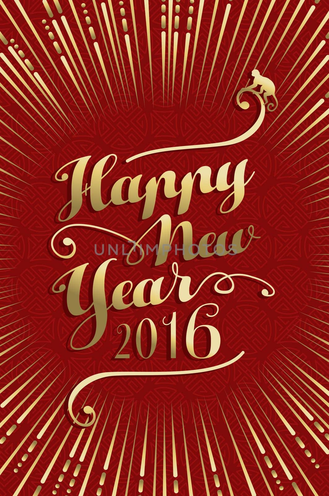 2016 Happy Chinese New Year of the Monkey, gold text design with ape silhouette on traditional red symbol background. EPS10 vector.