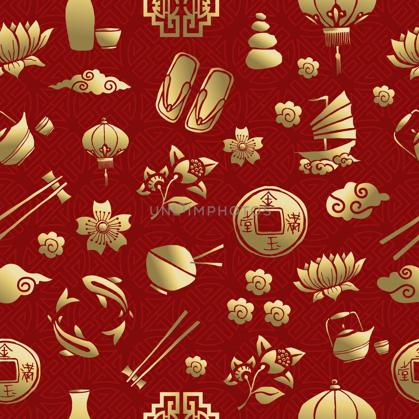 Gold chinese cultural icons seamless pattern, traditional asian elements on red background. EPS10 vector.