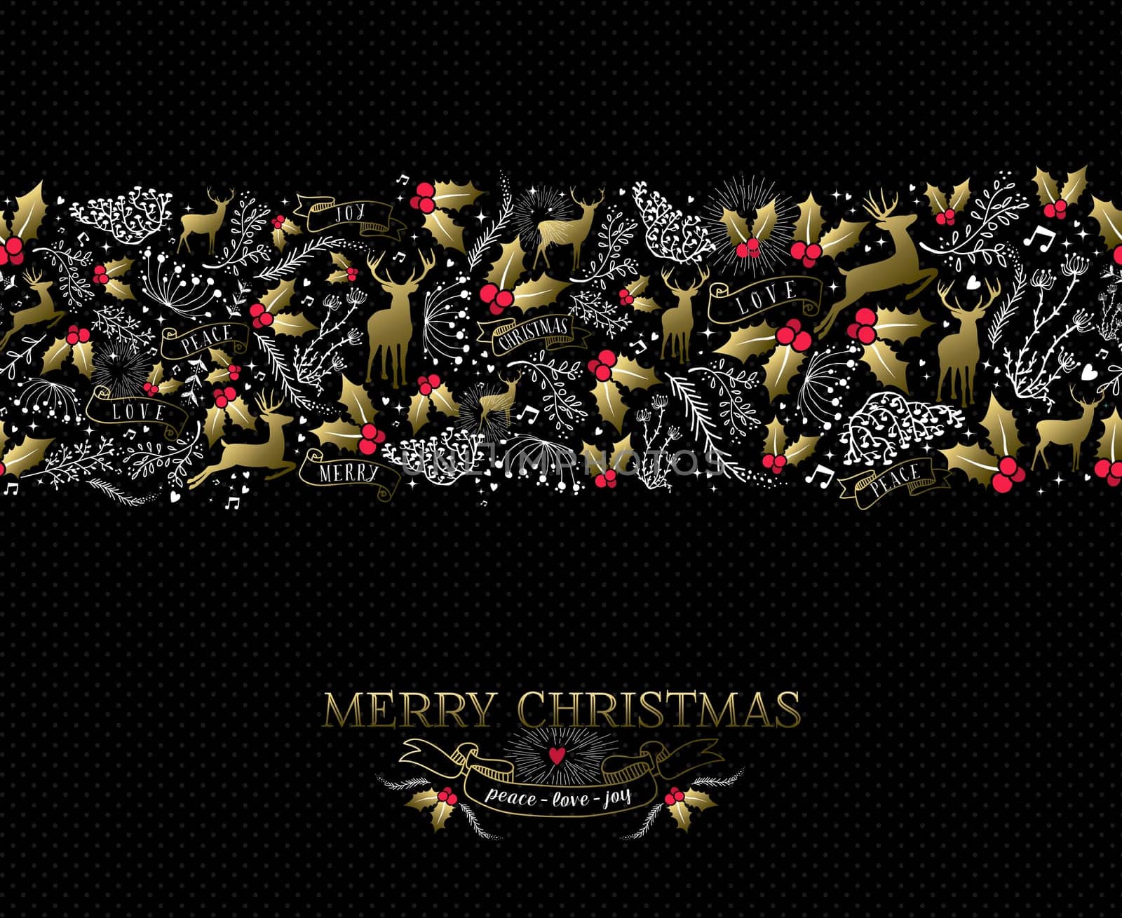 Vintage Christmas card elements, reindeer and holly in gold colors with text over seamless pattern background. EPS10 vector.