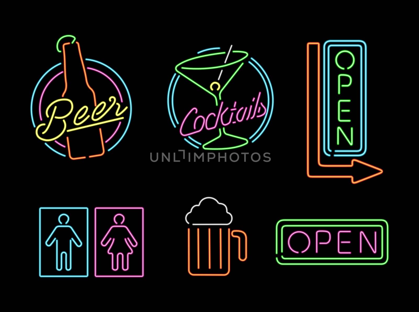 Set of retro style neon light outline sign icons for bar, beer, open business, cocktail and bathroom symbol. EPS10 vector.