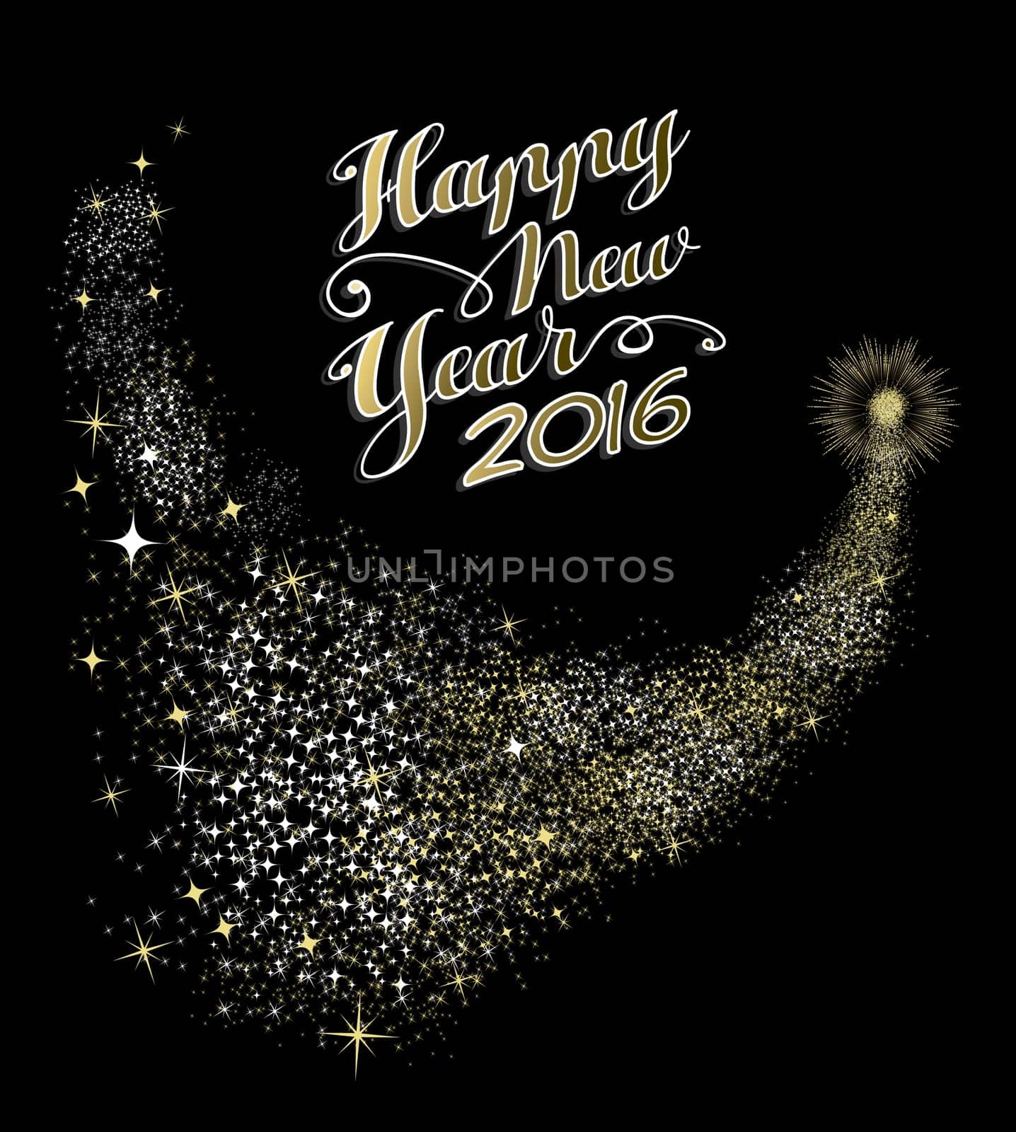 Happy New Year 2016 greeting card design with gold firework explosion in night sky and text. EPS10 vector.