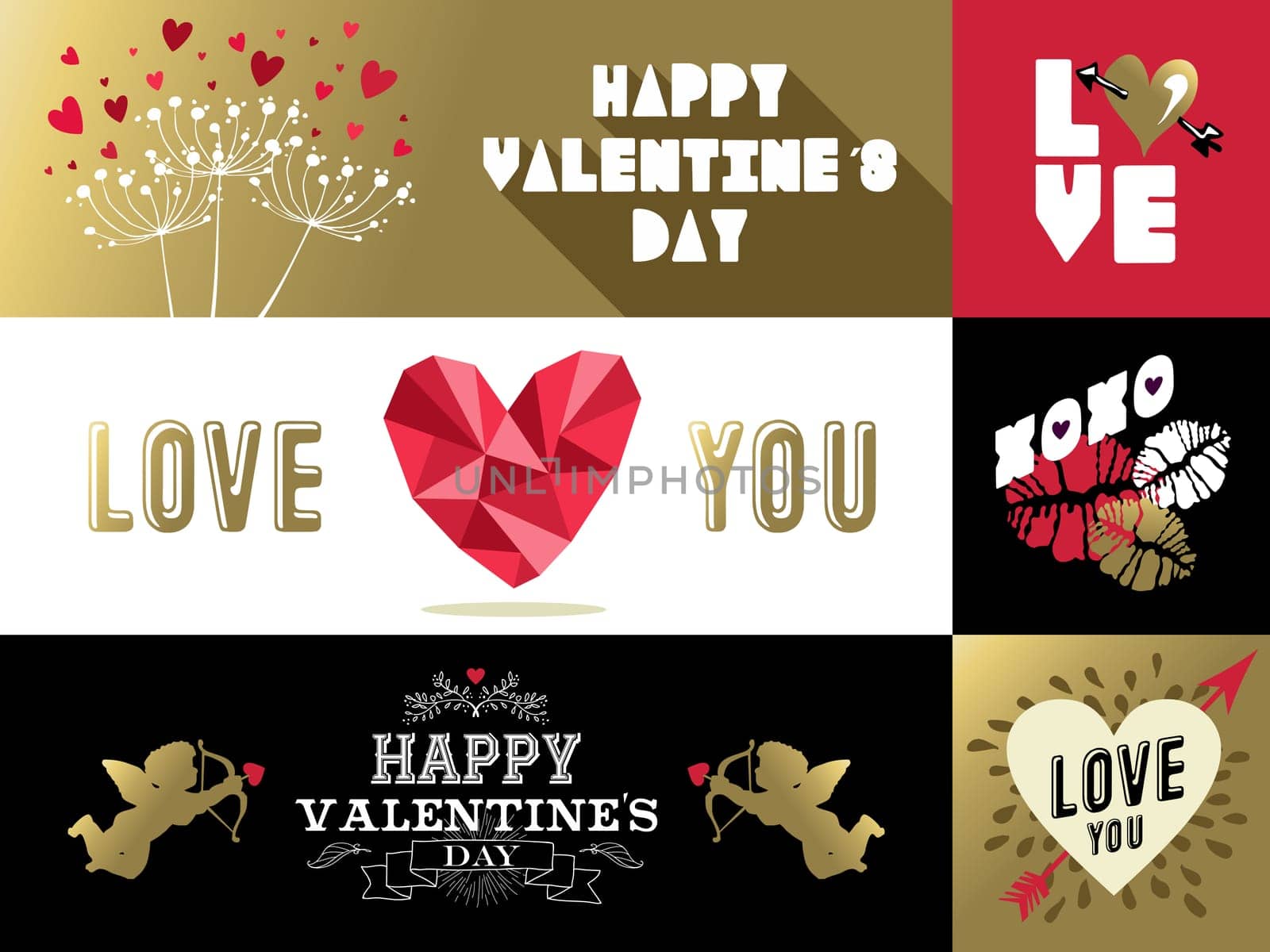 Saint Valentines day retro set of labels and banners with gold, pink colors. Includes heart shape, kiss, angel, nature designs. EPS10 vector.