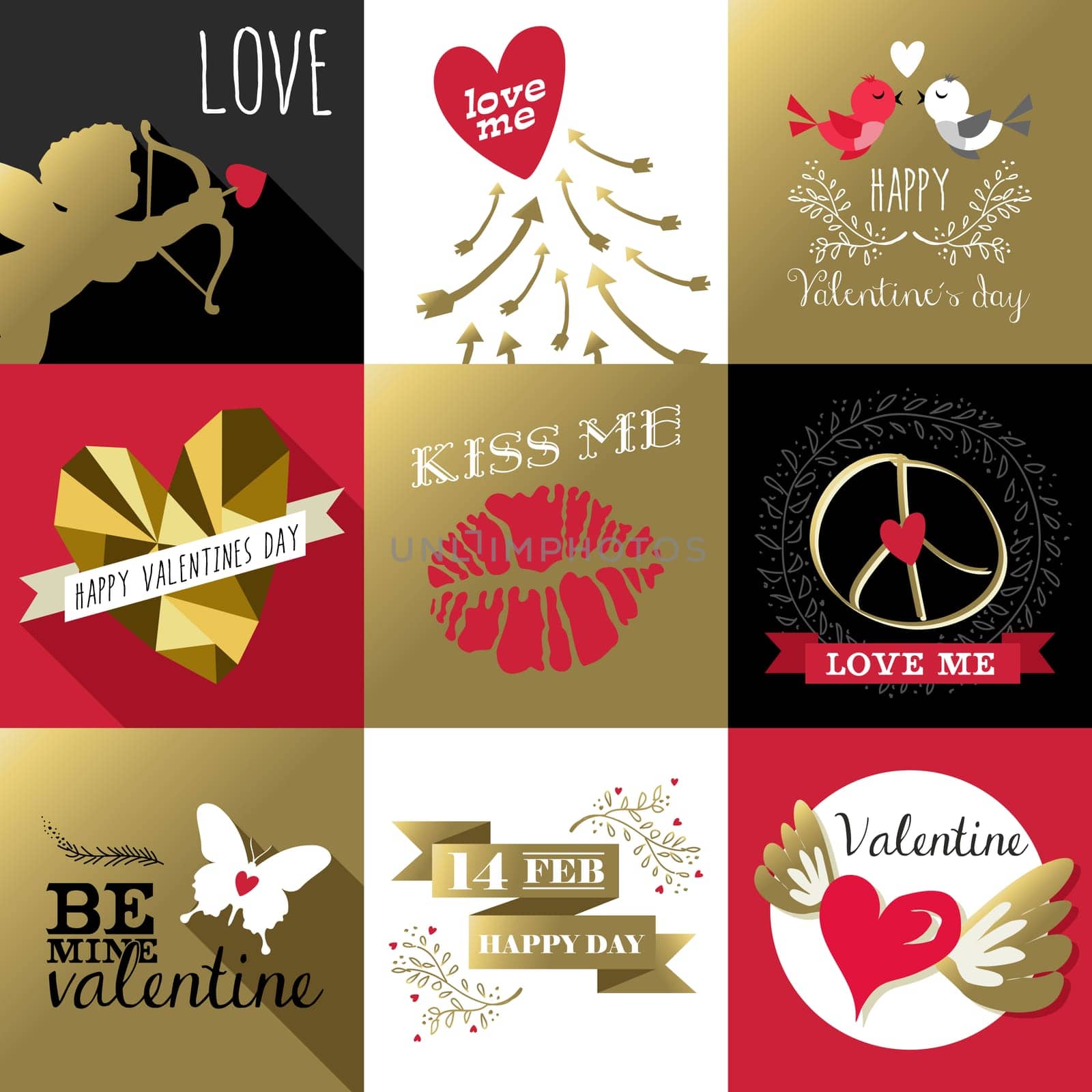 Saint Valentines day retro design label set with gold and pink colors, includes angel, quotes, kiss, butterfly. Ideal for greeting card. EPS10 vector.