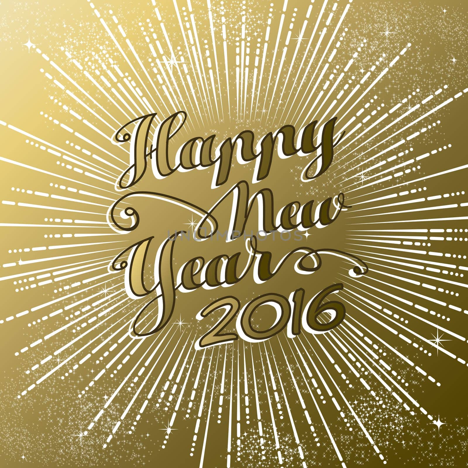 Happy New Year 2016 gold greeting card with firework explosion design and text. EPS10 vector.
