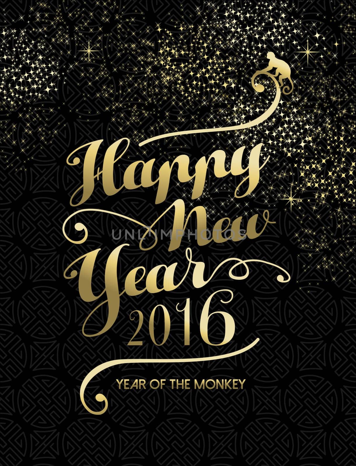 2016 Happy Chinese New Year of the Monkey, gold text with ape silhouette and sparkles stars on traditional black symbol background. EPS10 vector.