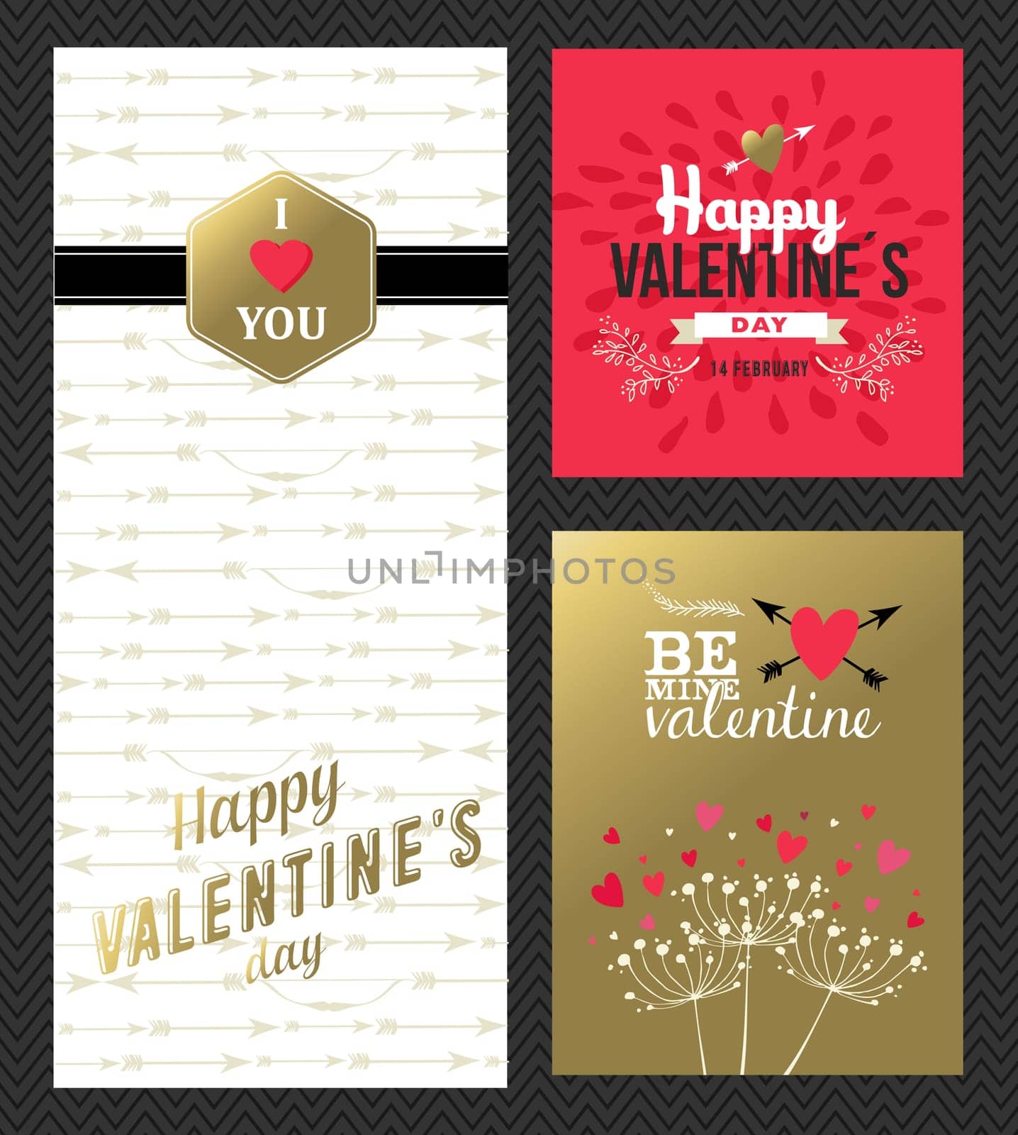 Happy Valentines day retro greeting card set with gold and pink colors. Includes heart shape, nature, badge designs. EPS10 vector.