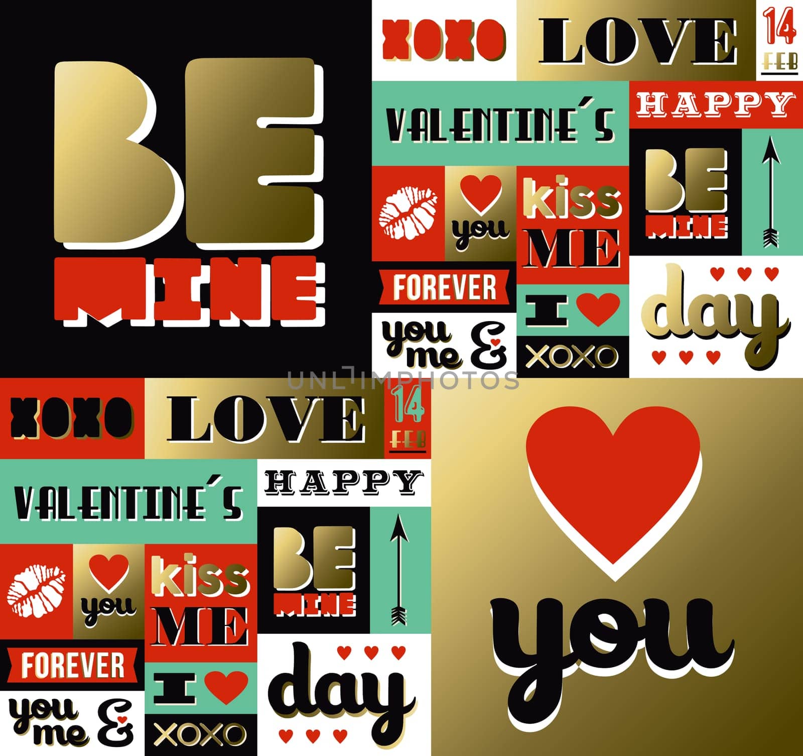 Valentines day retro pattern with label elements in gold color. Includes quotes, lipstick and heart shape decoration. EPS10 vector.