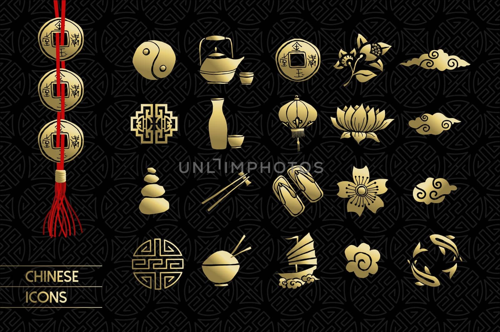 Gold chinese icons set. Includes lotus flower, traditional culture elements and decoration. EPS10 vector.   .