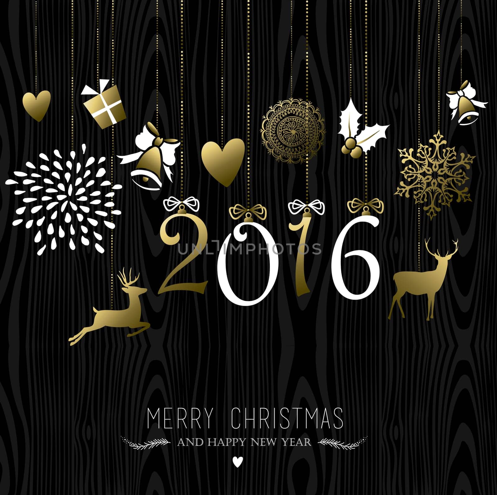 Merry Christmas Happy New Year 2016 greeting card design, reindeer and holiday decoration elements in gold colors over wood texture background. EPS10 vector.