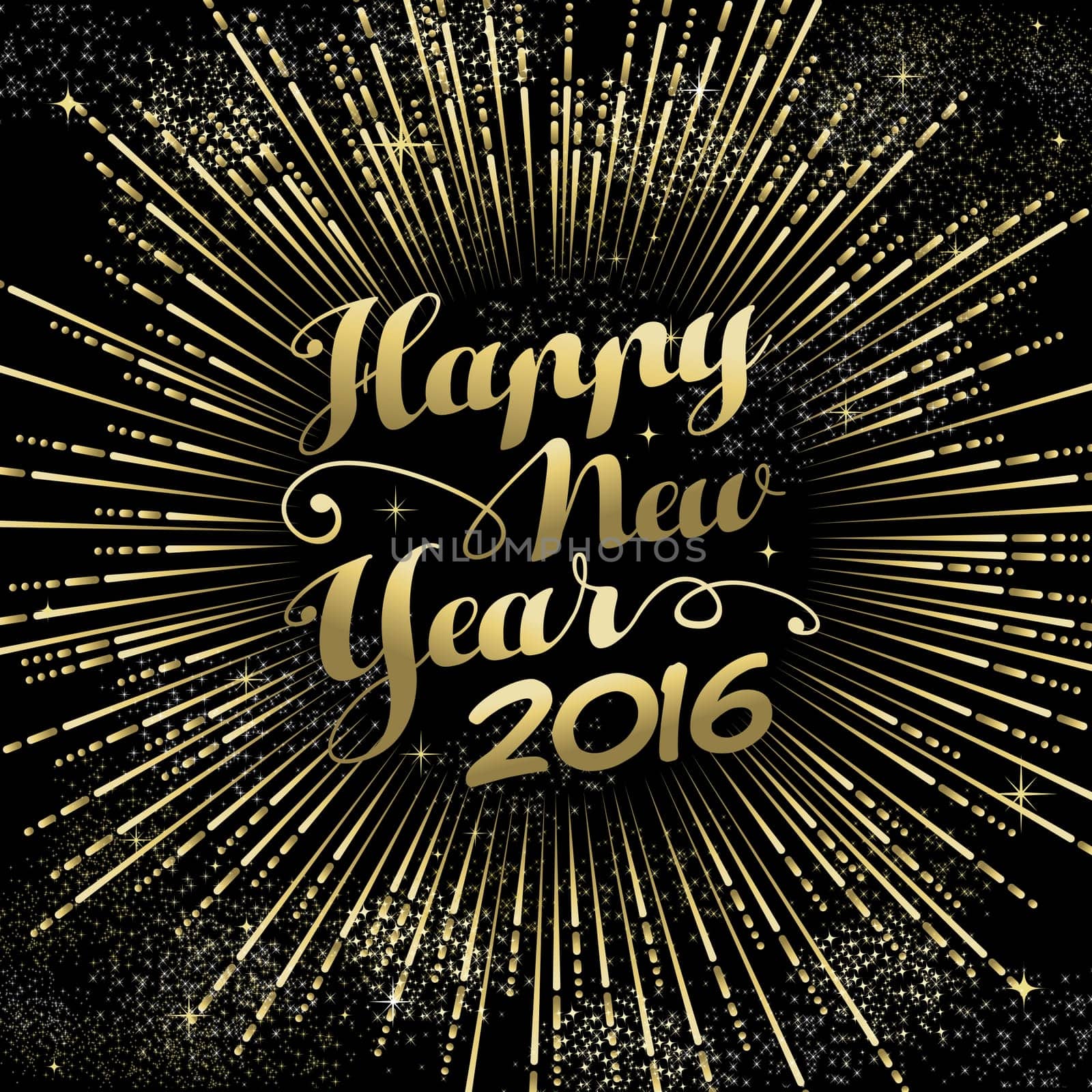 Happy New Year 2016 greeting card, gold firework explosion with holiday text over night sky background. EPS10 vector.