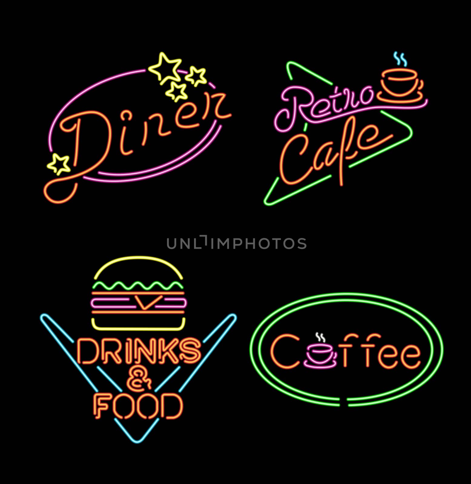 Retro neon light set, vintage signs and symbols for food business, coffee, hamburger, restaurant, diner. EPS10 vector.