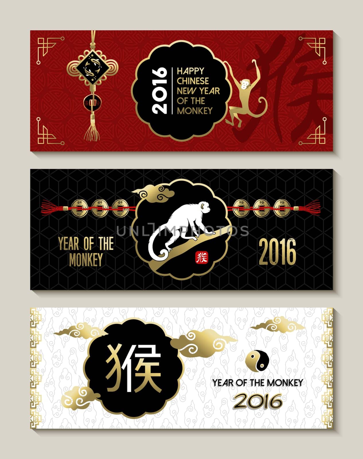 2016 Happy Chinese New Year of the Monkey traditional label banner set with elegant decoration in gold red and black colors. EPS10 vector.
