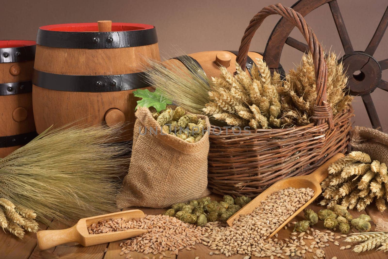 Three beer barrels with wheat,barley,hops and malt