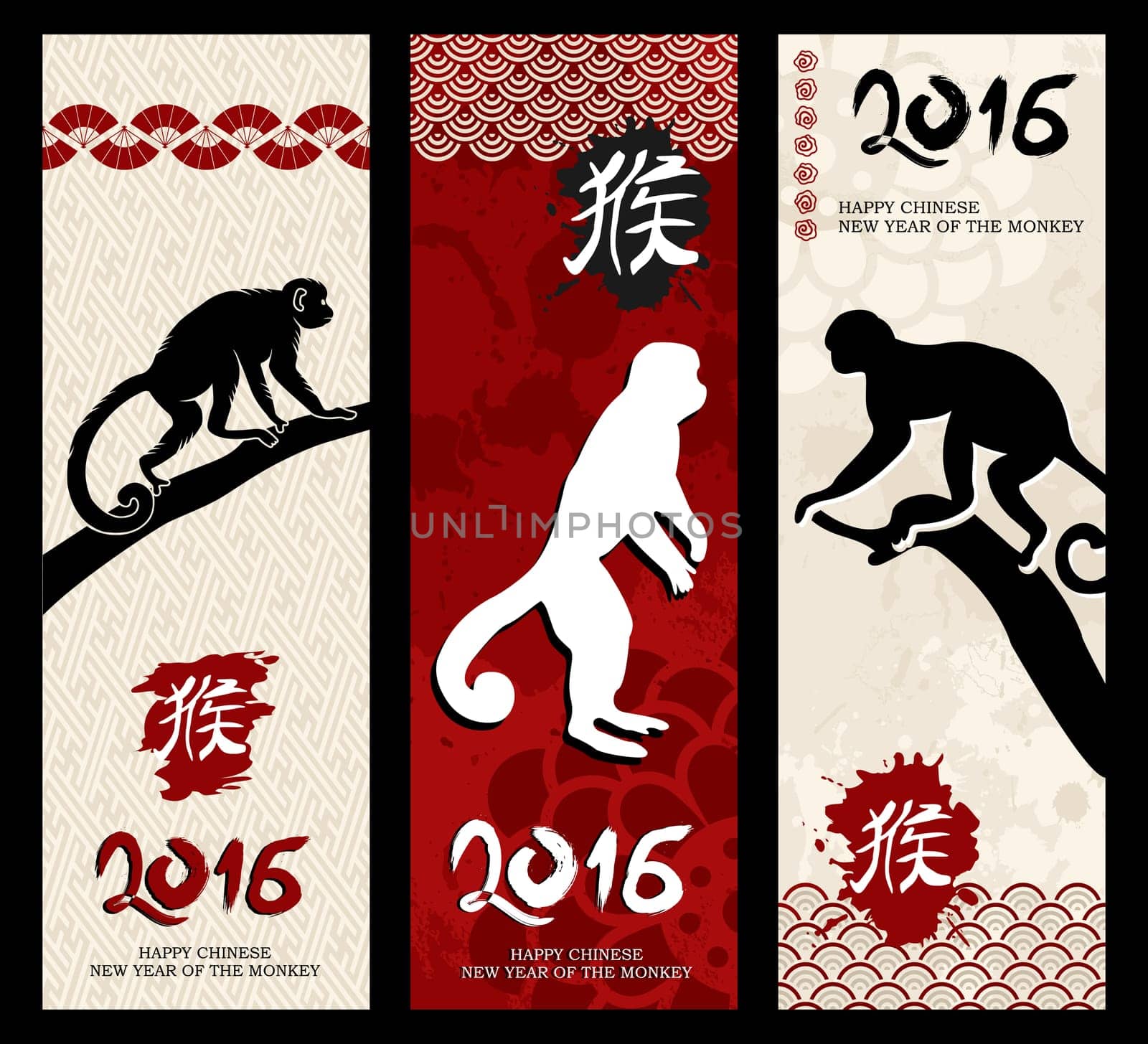2016 Happy Chinese New Year of the Monkey, traditional style vintage banner sign set with calligraphy and retro asian decoration. EPS10 vector.