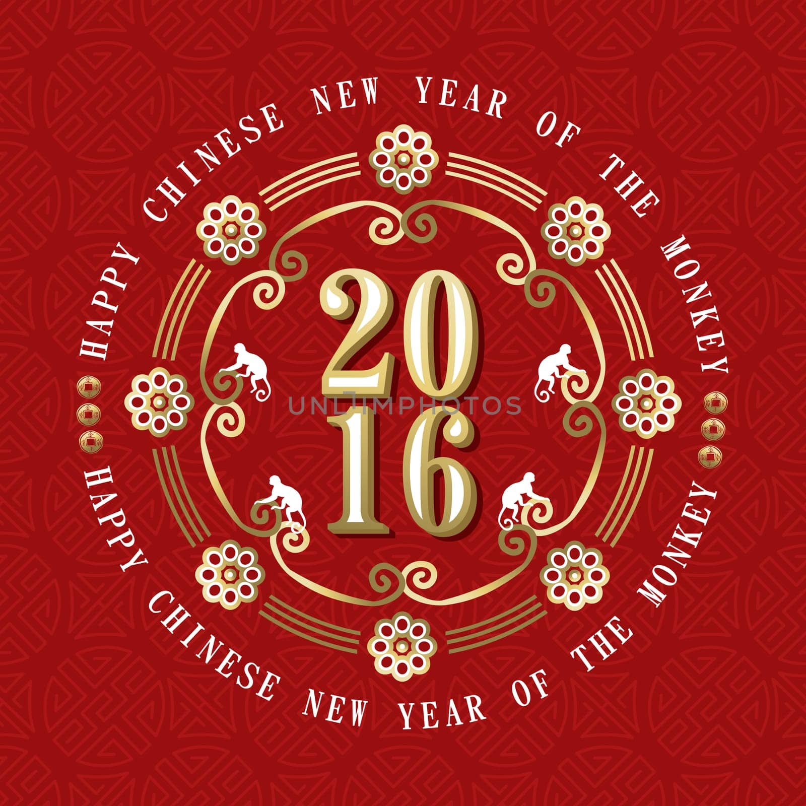 2016 Happy Chinese New Year of the Monkey. Circle label decoration with traditional asian designs, symbols and text. EPS10 vector.