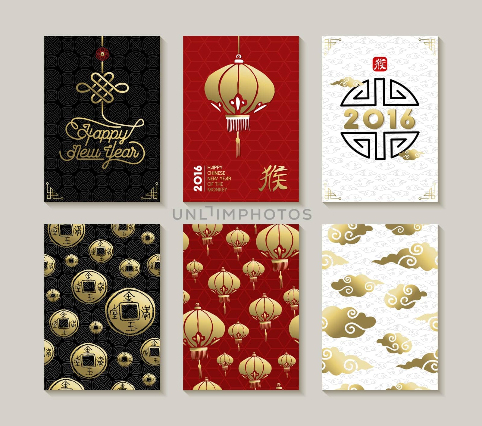 2016 Happy Chinese New Year of the Monkey, greeting card seamless pattern set with traditional decoration elements and text in gold color. EPS10 vector.