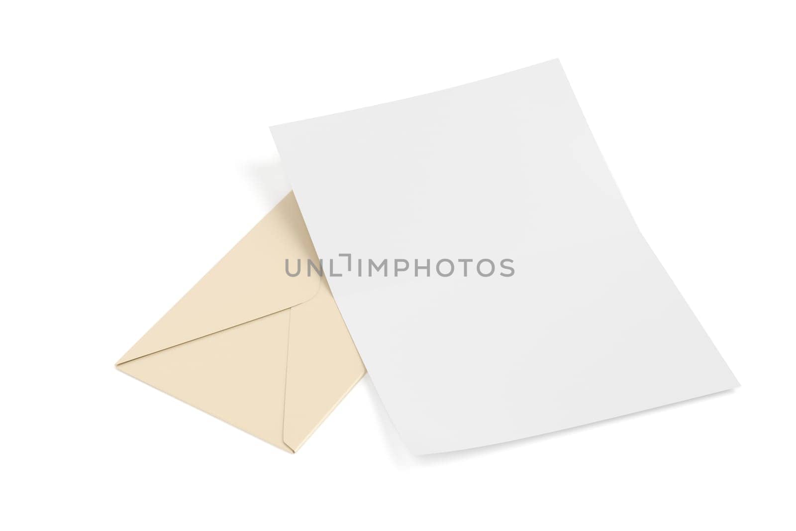 Envelope and blank paper on white background