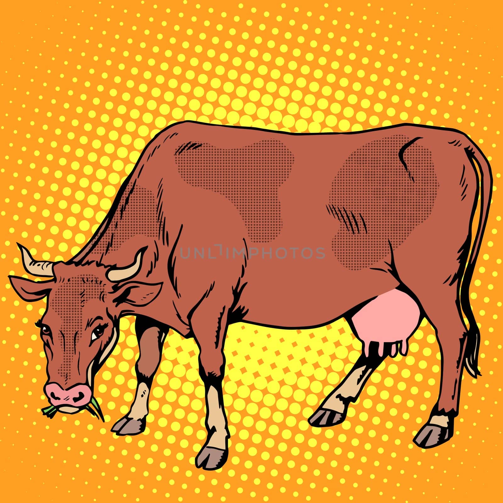 Cow eating grass farm animals pop art retro style. Ranch and agriculture. Meat and dairy industry and business.