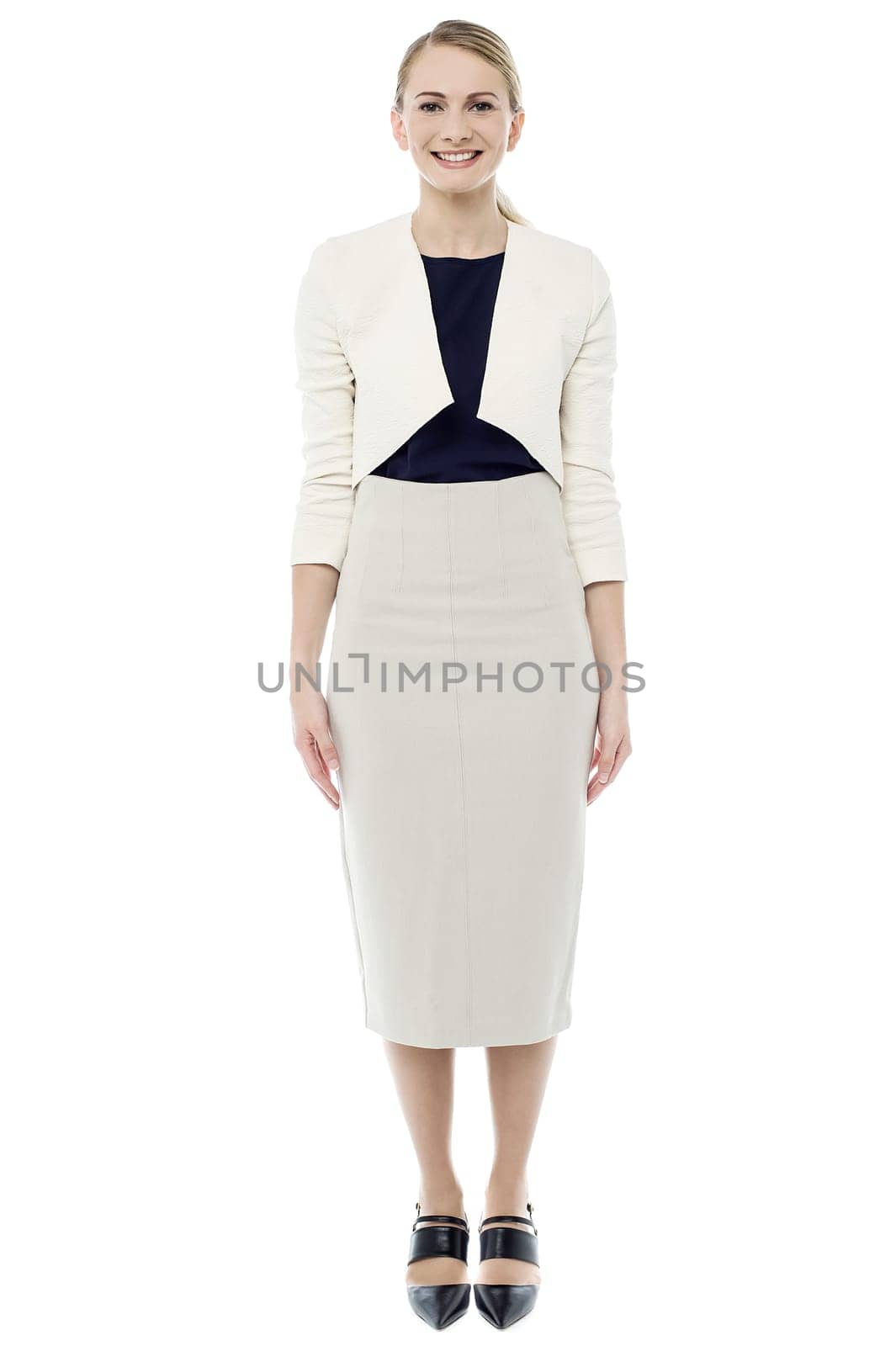 Full length image of smiling girl in trendy dress