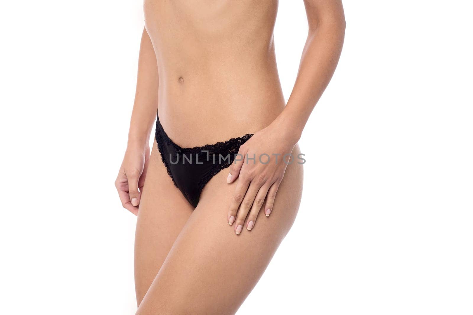 Slim body of sexy woman in black panties