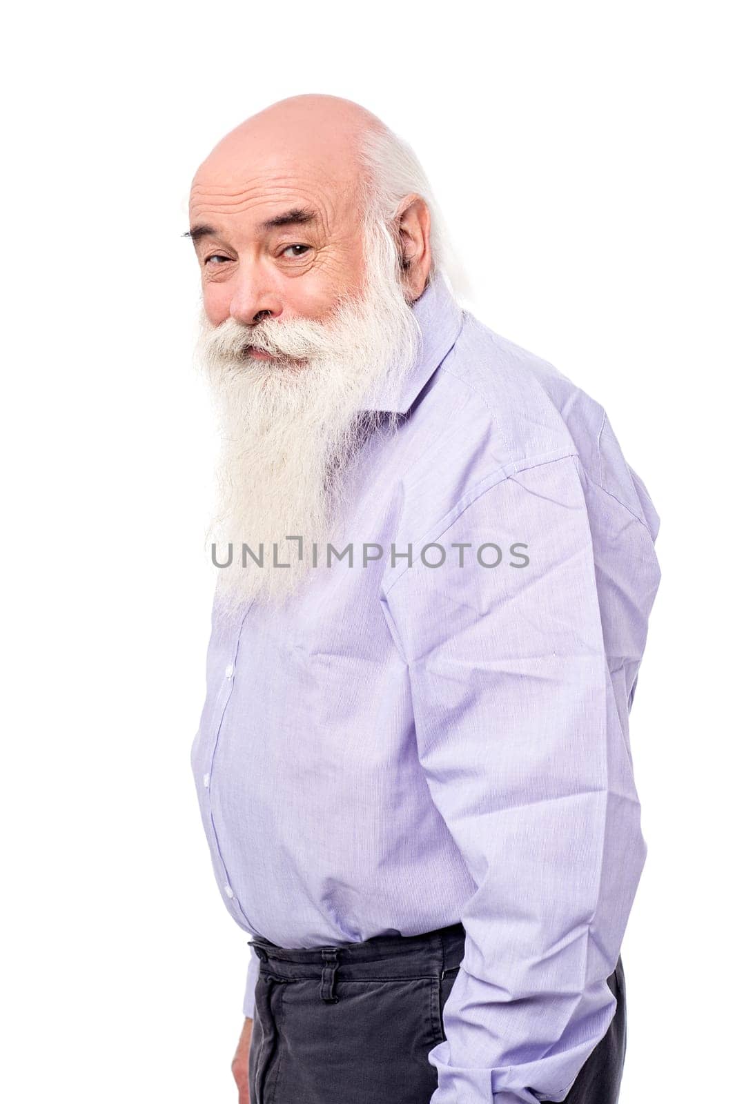 Side pose of a senior man over white