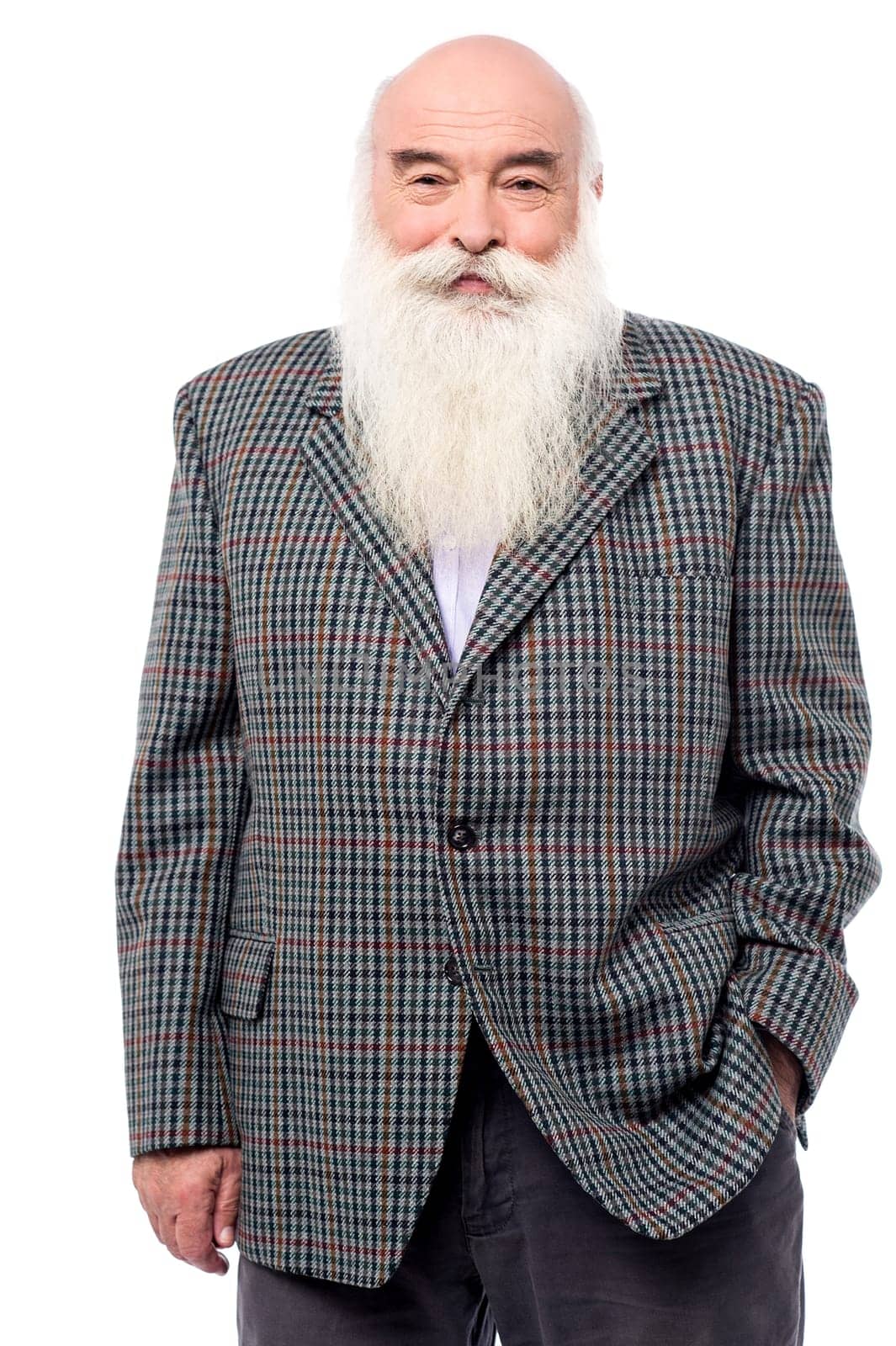 Bald headed Matured man wearing suit and straw hat