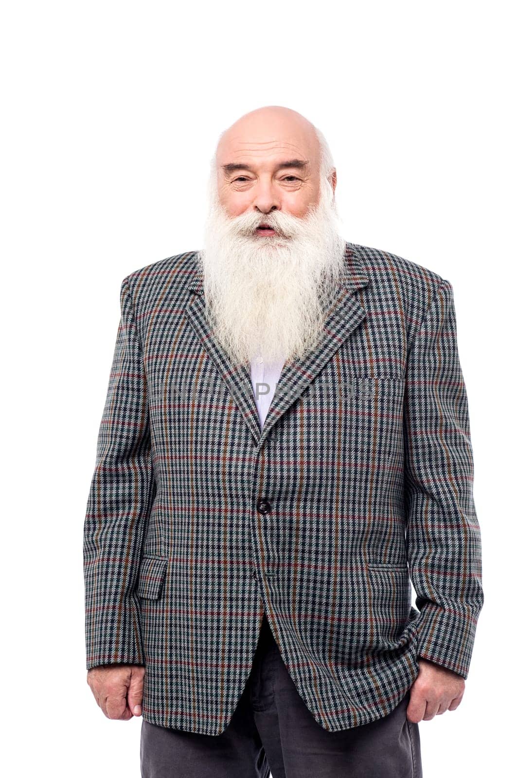 Elderly man posing to the camera over white