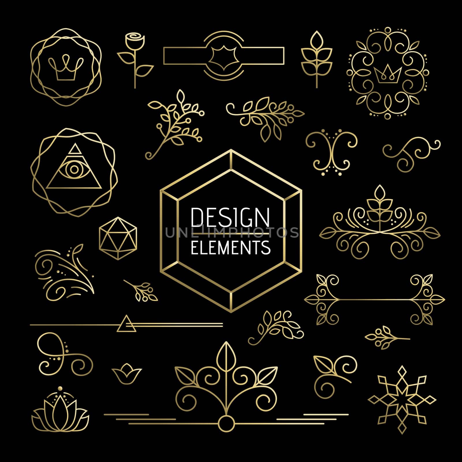 Design element set, mono line art ornamental decoration in gold outline style. Includes nature, plant, leaf and flower icons. EPS10 vector.   .