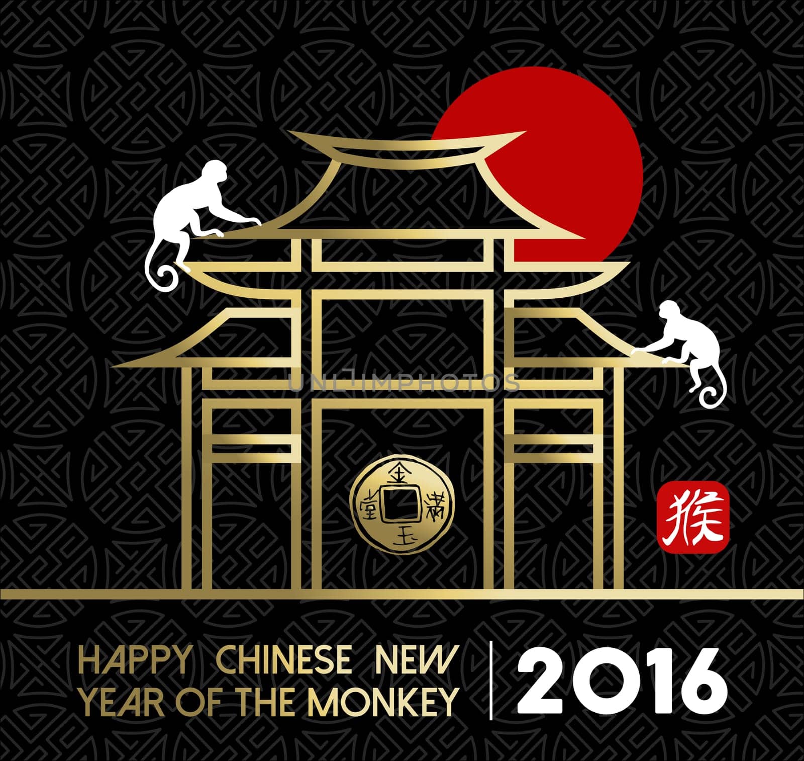 2016 Happy Chinese New Year of the Monkey, ape silhouettes on gold traditional asian temple building with sun and decoration elements. EPS10 vector.