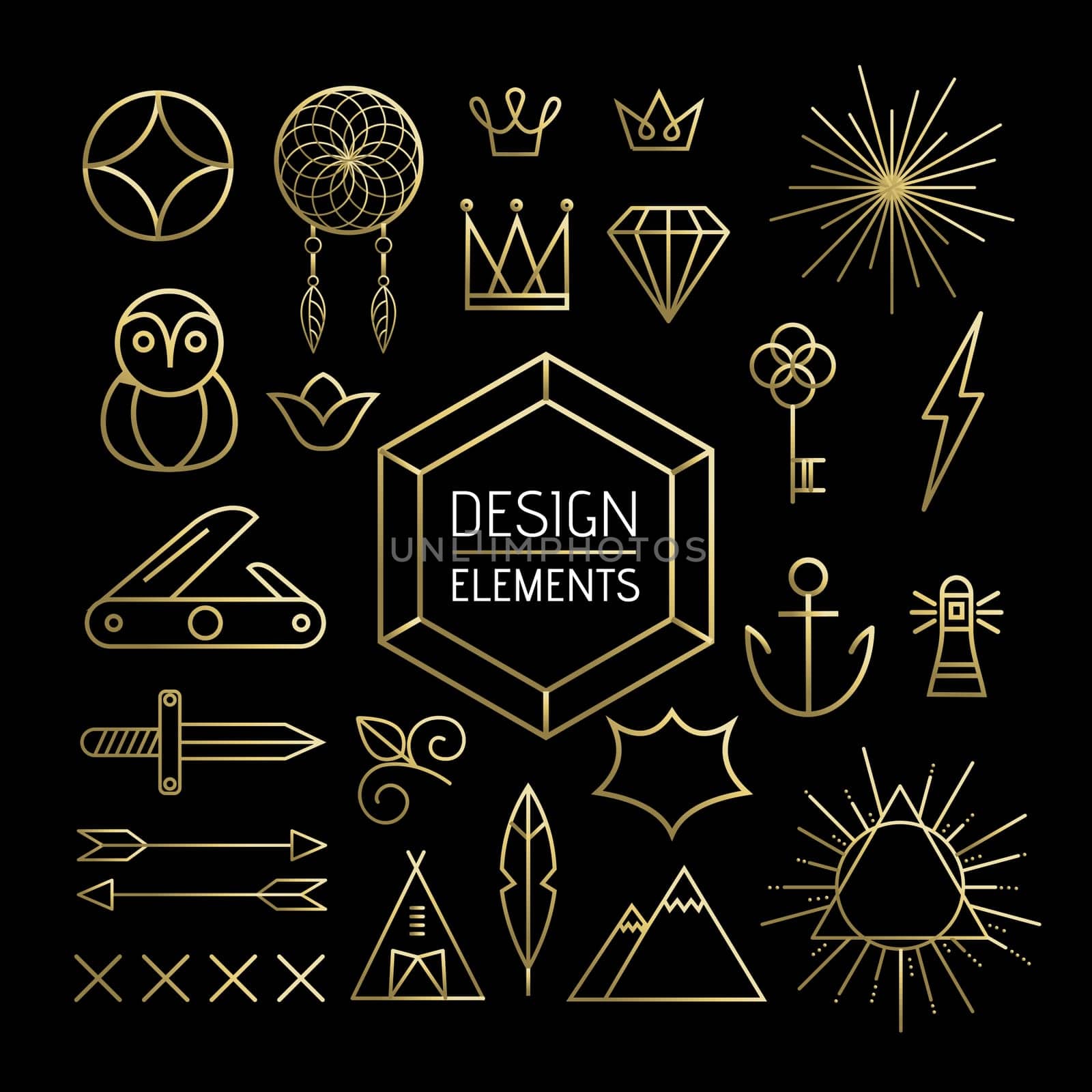 Creative design element collection in gold outline line art style. Includes boho, nature, and geometry shapes. EPS10 vector.