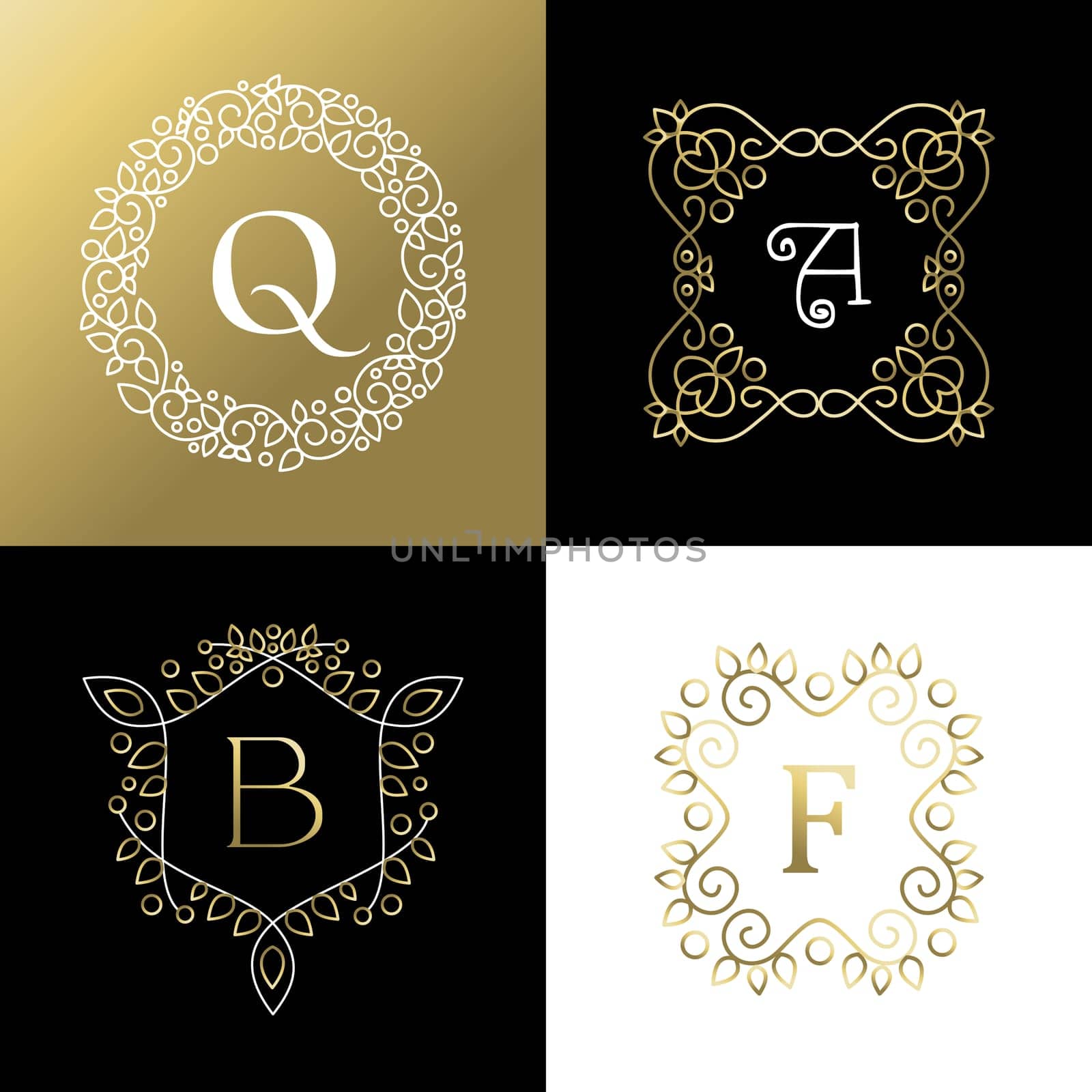 Set of ornament style gold outline frames with leaf and flower decoration. Ideal for brand design, business or campaign. EPS10 vector.