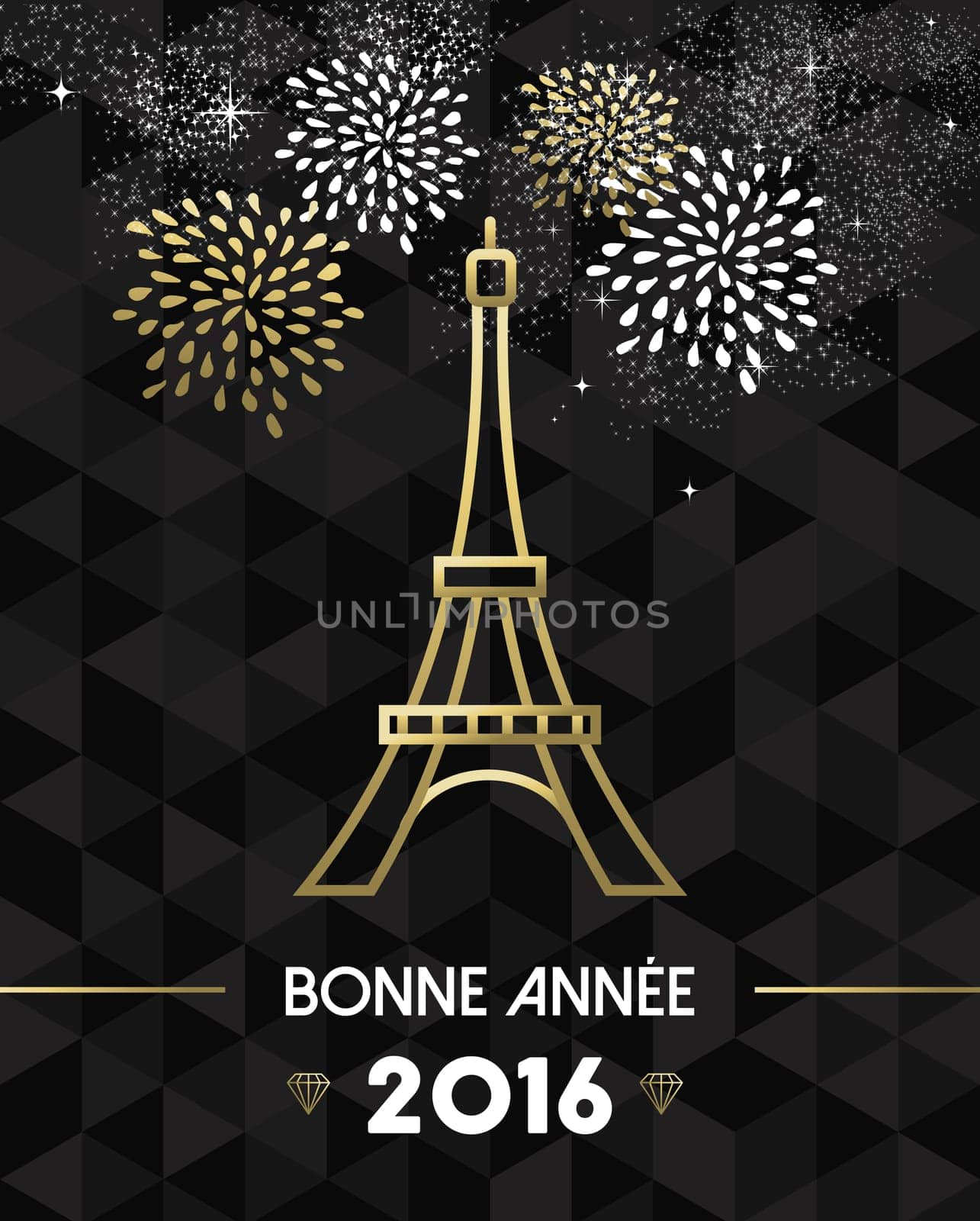 Happy New Year 2016 Paris greeting card with France monument Eiffel Tower in gold outline style. EPS10 vector.